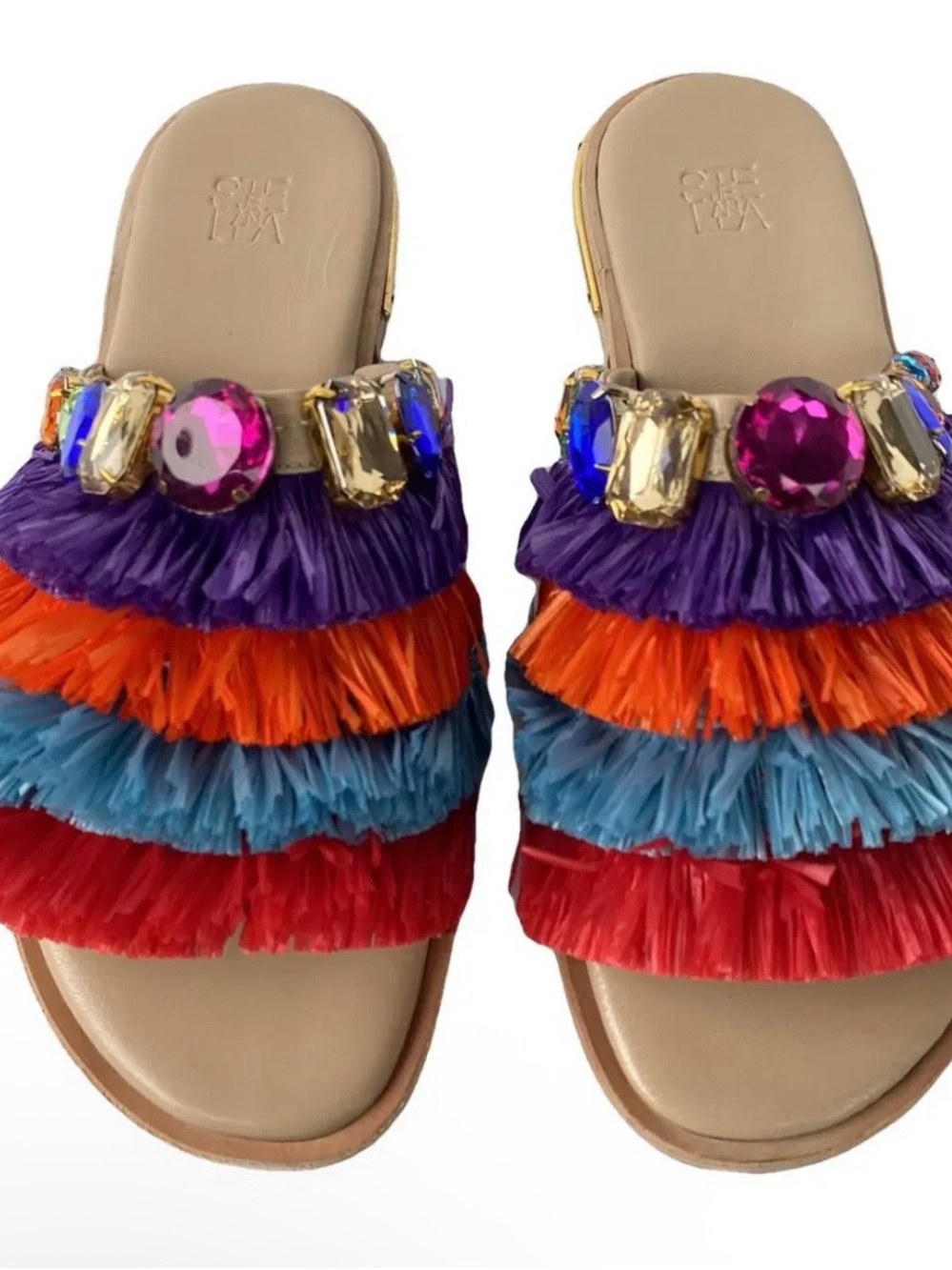 Stella Jean Multicolor Beaded Fringe Slide Sandals